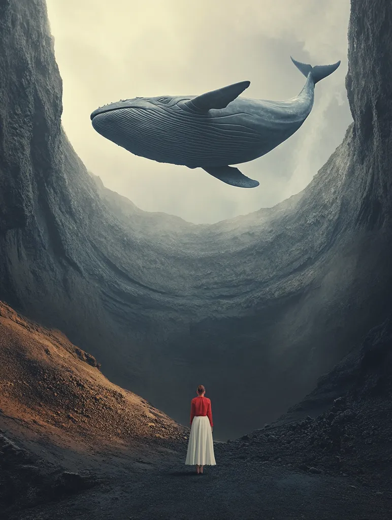 A woman in a red shirt and white skirt stands in a dark, crater-like landscape.  She looks up at a giant whale swimming through the sky.  The surreal scene is reminiscent of a dream or a mythical tale. The lighting is soft and ethereal, giving the image a sense of mystery. The rocky landscape and the whale in the sky create a sense of scale and wonder.