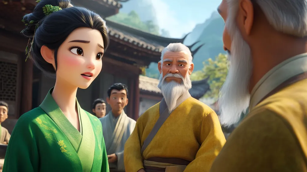 The image shows a group of animated characters. A young woman with long black hair and a green dress looks towards the right of the frame with a serious expression. She is being spoken to by a man with a long white beard, who is standing in front of her and looking down at her. There is a third man in the image, who is standing behind the woman and is looking towards the front. The background of the image is a blurry scene of a traditional Chinese setting.