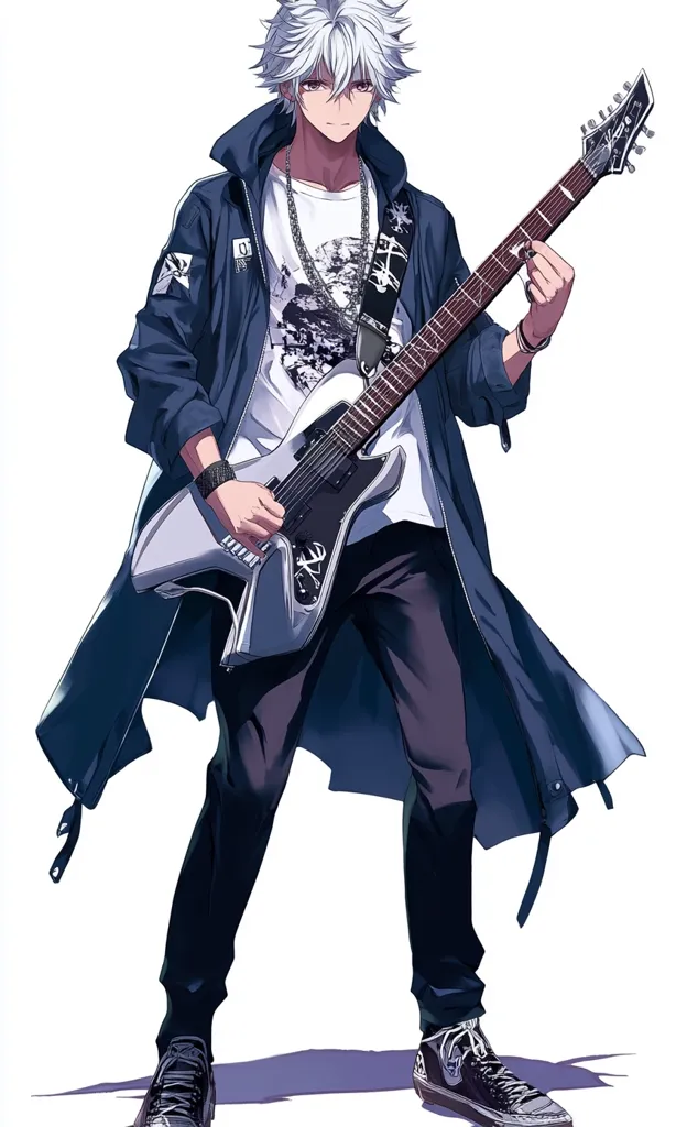 The image shows a young man with white hair and a serious expression, holding a black and white electric guitar. He is dressed in a dark blue jacket, a white t-shirt, black jeans, and sneakers. His hair covers his forehead, and he is playing the guitar with his right hand. He is standing in front of a white background. The image is a depiction of a rock musician.