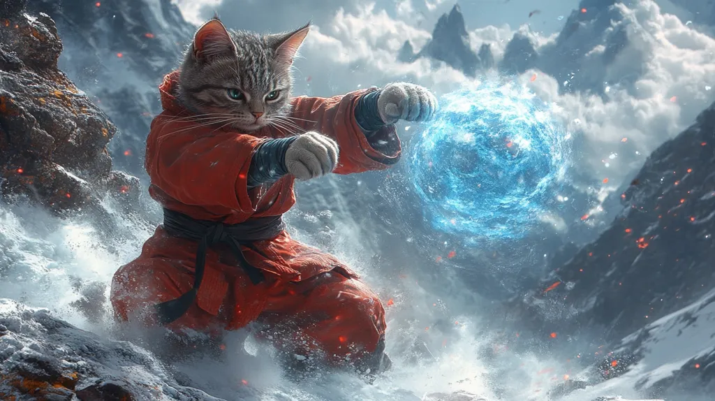 A grey tabby cat, dressed in a red karate gi, stands on a snowy mountain with a determined look on its face. It is holding a large, swirling blue orb of energy in its paws, ready to unleash its power. The mountain peaks rise high in the background, and the sky is filled with fluffy white clouds. The scene is dramatic and powerful, emphasizing the cat's strength and determination.