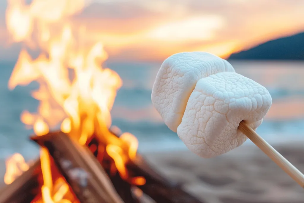 A marshmallow on a stick is being roasted over a fire. The fire is blurred, making the marshmallow appear in focus. The background is out of focus, showing a beach and a sunset.  It evokes a feeling of warmth and relaxation.