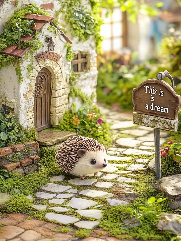 The image depicts a miniature fairy tale scene. A tiny hedgehog walks on a stone path leading to a charming cottage. The cottage has an arched doorway and a red tiled roof, surrounded by lush greenery. A signpost reads "This is a dream," adding a whimsical touch to the scene. The overall effect is enchanting and whimsical.