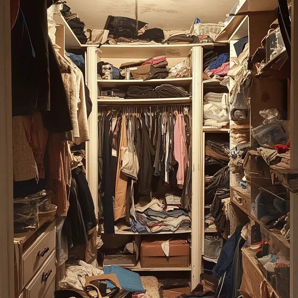 A cluttered closet with a variety of clothes and items, showing the mess and disorganization of an unkempt storage space. The shelves are crammed with folded clothes, shoes, and other miscellaneous belongings. The closet is illuminated by an overhead light, revealing the chaotic nature of the interior. The closet is filled with items of different colors and textures, suggesting a mixture of styles and preferences. There are several layers of clothing piled on top of each other, indicating a lack of available space and a need for organization. The closet appears to be in need of a good decluttering and reorganization to maximize its functionality and make it more aesthetically pleasing.