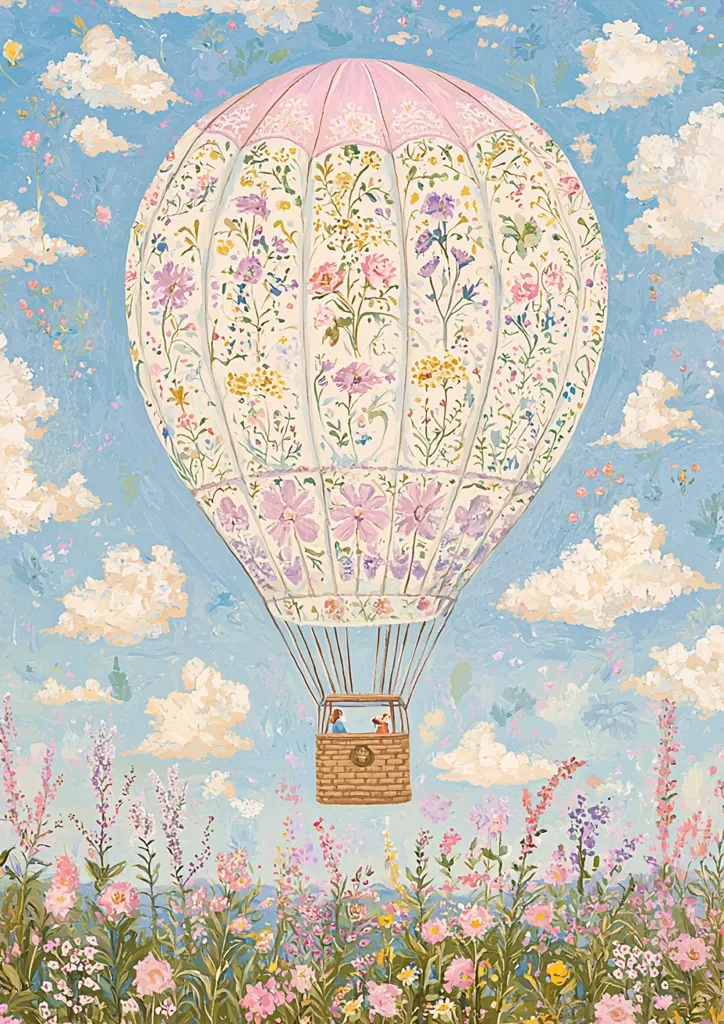 A hot air balloon adorned with pink and white floral patterns floats through a bright blue sky dotted with fluffy clouds. The balloon basket carries a woman and a dog. Beneath the balloon, a field of wildflowers blooms in vibrant hues. The scene is filled with joy and the promise of adventure.