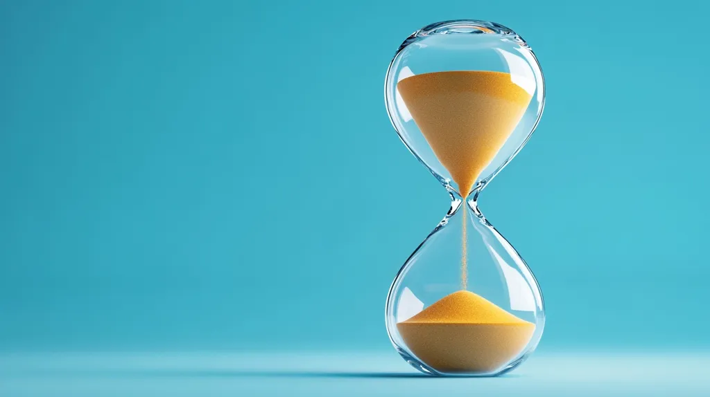 An hourglass sits on a blue surface. The glass is filled with yellow sand, which is slowly flowing from the top bulb to the bottom bulb. The sand is almost all in the bottom bulb, indicating that time is running out. The image is a simple yet powerful representation of the passage of time.