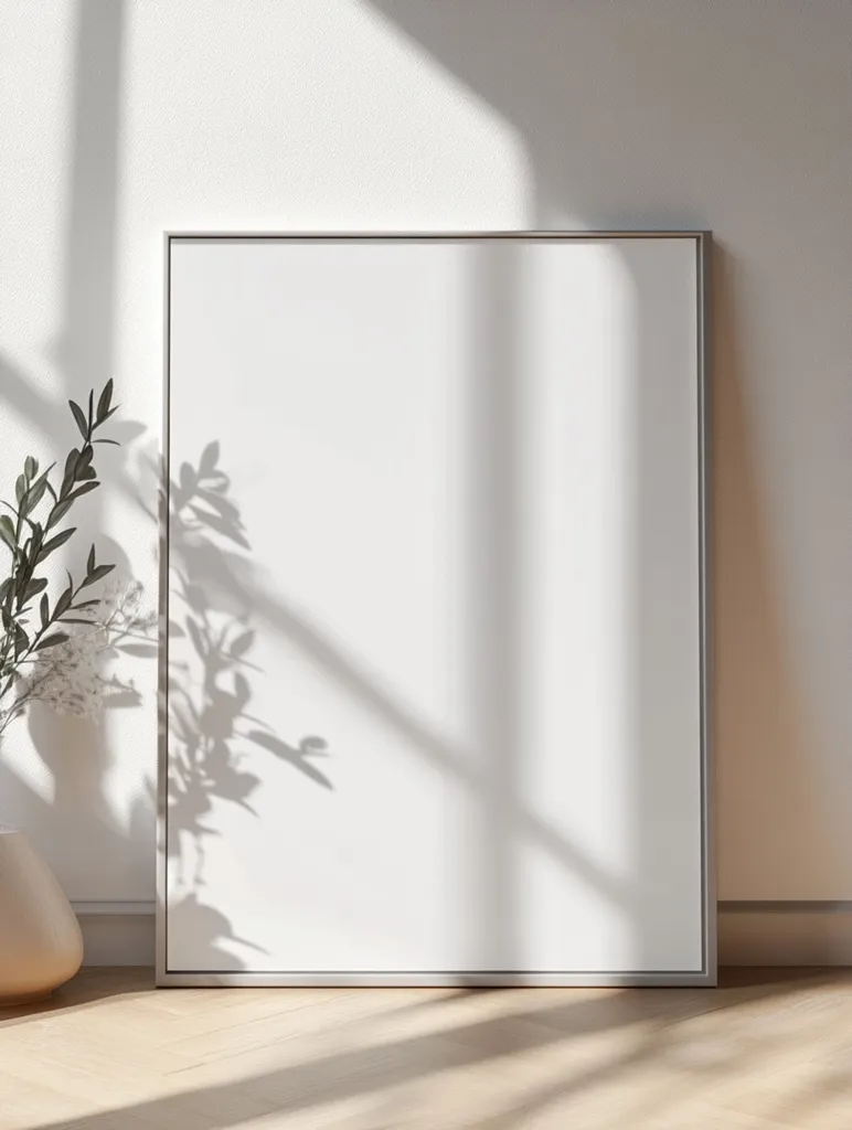 A large, rectangular, white canvas with a thin grey frame sits on a pale wood floor. The canvas is blank, allowing space for a photo or artwork. The floor is slightly textured and has a subtle sheen. Light streams through a window, creating a bright, airy atmosphere.  A small potted plant casts a shadow on the wall.  The overall aesthetic is clean, modern, and minimalist.