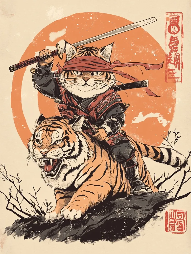 A fierce-looking cat, dressed in a samurai outfit, rides a snarling tiger. The cat is wielding a sword and has a red blindfold across its eyes.  The image has a Japanese aesthetic, with the background featuring a red sun and some branches.  A red stamp with Japanese characters is visible on the right side of the image.