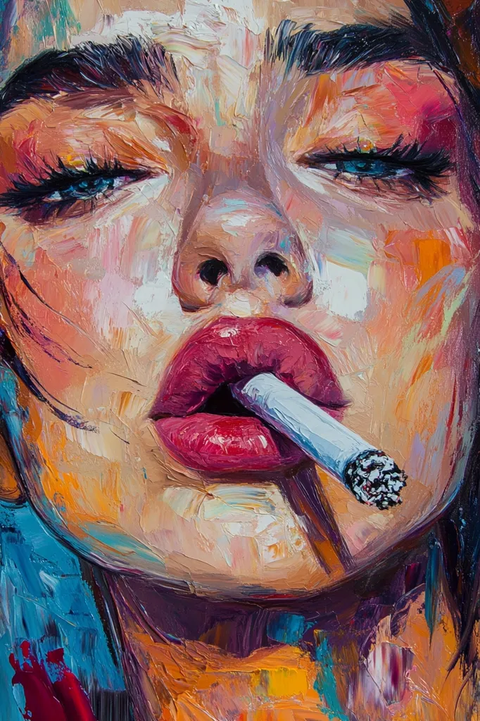 A close-up oil painting of a woman's face. Her eyes are intensely focused and she is smoking a cigarette. Her lips are painted a bold red and her skin tones are warm and vibrant. The painting is created with thick layers of paint, giving it a textured and expressive quality.