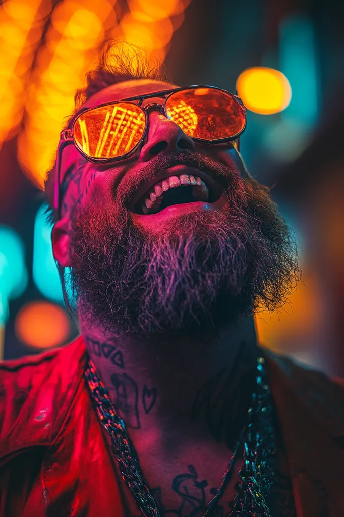 A man with a full beard and tattoos is wearing orange-tinted sunglasses and a red jacket. He is laughing with his head tilted back and looking up at the blurred lights in the background. The light is making the scene appear colorful and surreal.  He appears to be having a good time.