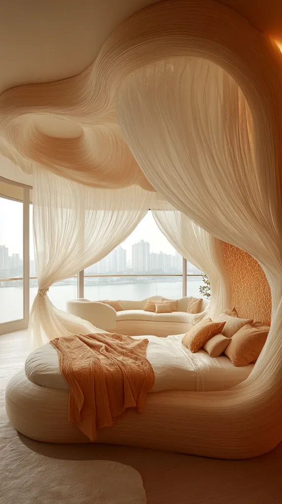 The image shows a modern bedroom with a unique bed design. The bed is a large, curved structure with a white mattress and a soft, tan throw blanket. The headboard is a curved wall that flows seamlessly into the ceiling. The room is decorated in soft, neutral tones. There are large windows that offer a view of the city skyline and a river. The overall mood is one of luxury and tranquility.