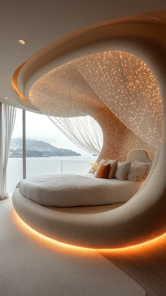 A luxurious bedroom with a circular bed and a view of the ocean. The bed is situated within a curved wall that is illuminated by a ceiling of twinkling lights, creating a cozy and romantic atmosphere. The room is decorated with warm, neutral colors and features a large window offering an expansive view of the sea and distant mountains. The overall design is elegant and modern, with a focus on comfort and relaxation.