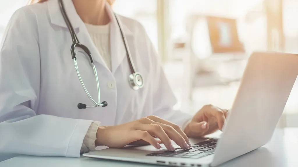 A doctor, wearing a white coat and stethoscope, is typing on a laptop computer. Their hands are visible, as well as the upper part of their body, and the laptop. The background is blurry and out of focus. The image suggests a medical professional working on electronic records or communicating with patients.