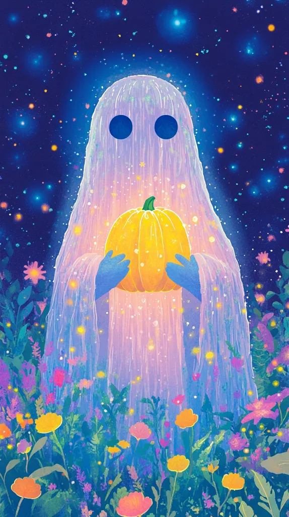 A translucent ghost with large, round eyes holds a glowing, orange pumpkin in a field of bright, colorful flowers. The background is a dark blue night sky with twinkling stars. The overall image evokes a dreamy and whimsical atmosphere.