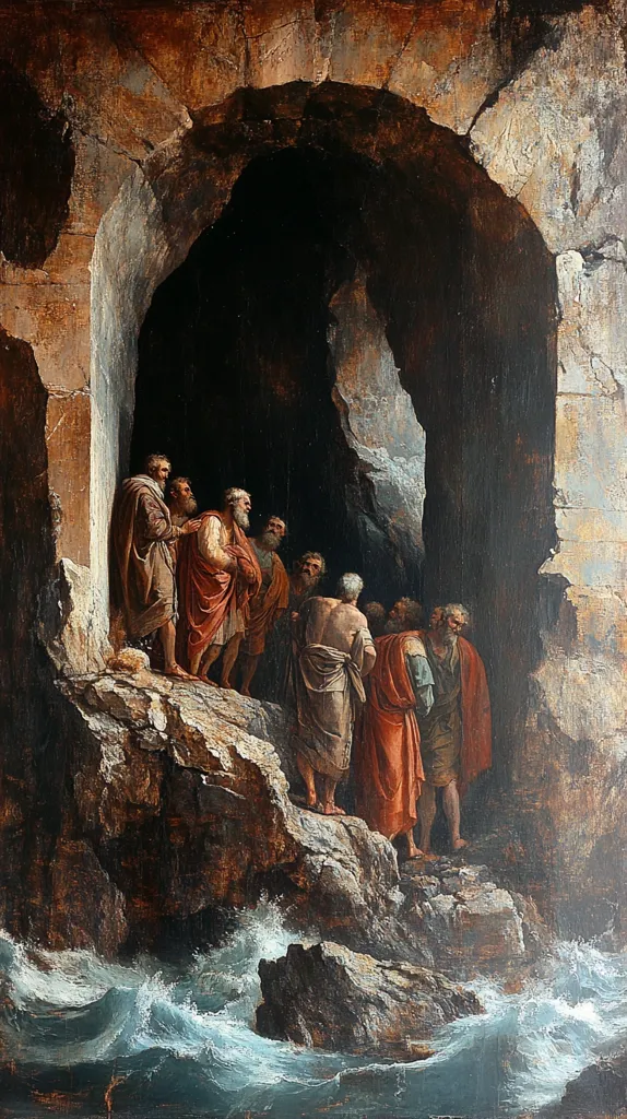 The painting depicts a group of men standing on a rocky shore, facing a large, dark cave opening. The men are dressed in long robes and appear to be engaged in conversation. The scene is bathed in a warm, golden light, casting dramatic shadows across the rocks and water. Crashing waves surge at the base of the cliffs, suggesting a sense of power and turmoil. The overall impression is one of mystery and suspense.