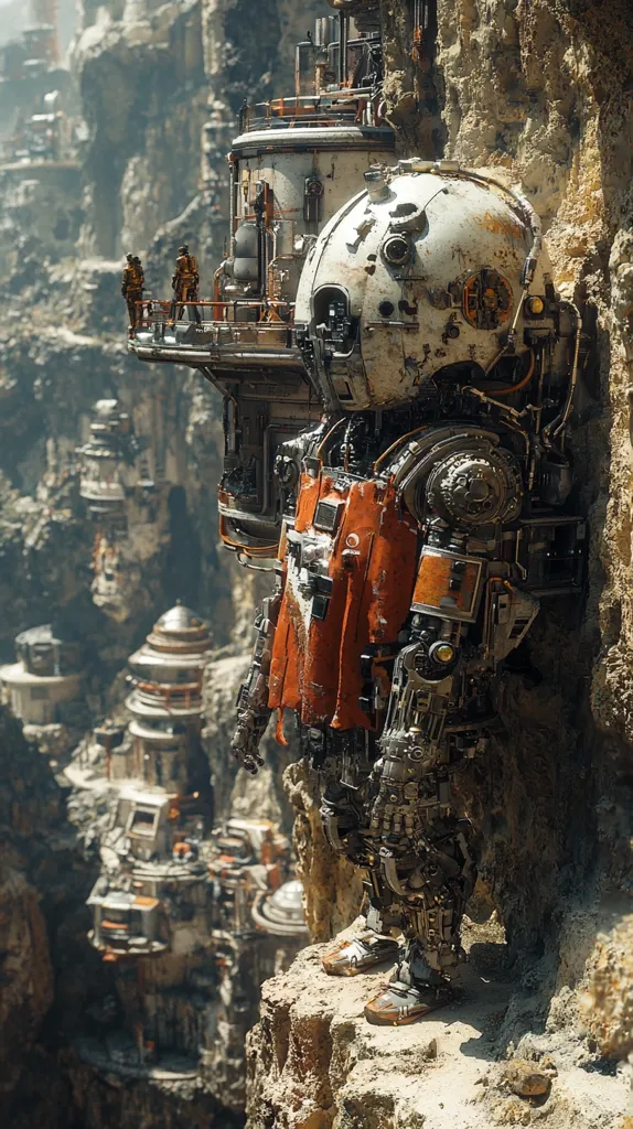 A large, mechanical robot, built from metal and wires, stands precariously on a cliff edge. It has a white, bulbous head and a rusty orange torso. It looks out over a desolate landscape, with buildings and structures built into the rocky cliffs.  Two figures stand on a platform above the robot. The scene is set in a post-apocalyptic world.