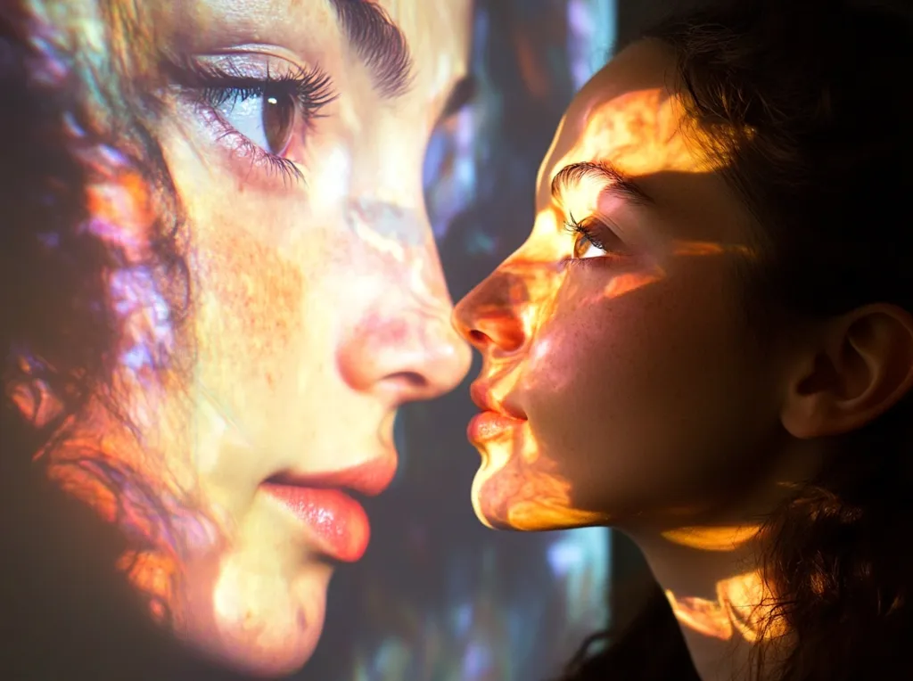 Two women's faces are close together, their noses almost touching. The woman on the left is illuminated with colorful light, creating a dreamlike effect. The woman on the right is lit by a warm, golden light that highlights her features. The image evokes a sense of connection and intimacy.