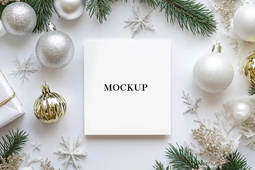 A white card with the word "MOCKUP" on it is surrounded by white and gold Christmas ornaments, fir branches, and glittery snowflakes. The card is lying flat on a white surface. The image is a mockup for a Christmas card or gift tag.