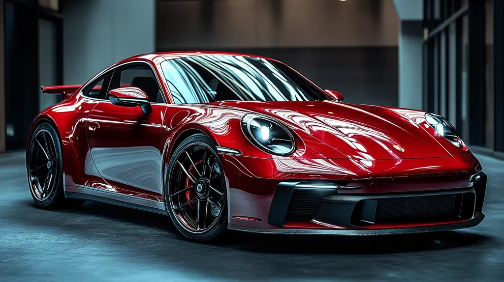 A sleek, red Porsche 911 is parked in a modern garage. The car's glossy paint reflects the surrounding light, highlighting its sharp lines and curves. The headlights are on, casting a bright beam of light onto the ground. The car's stance is low and aggressive, suggesting it is ready to perform.  The photo captures the car's beauty and power, showcasing its sporty design and high-end craftsmanship.