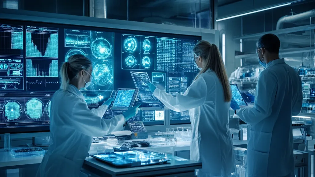 Three scientists in lab coats work in a futuristic lab. They are surrounded by large screens displaying complex data. The lab is bright and modern, with a lot of technology. The scientists are focused and engaged in their work. The scene suggests a high-tech environment where scientific breakthroughs are being made.