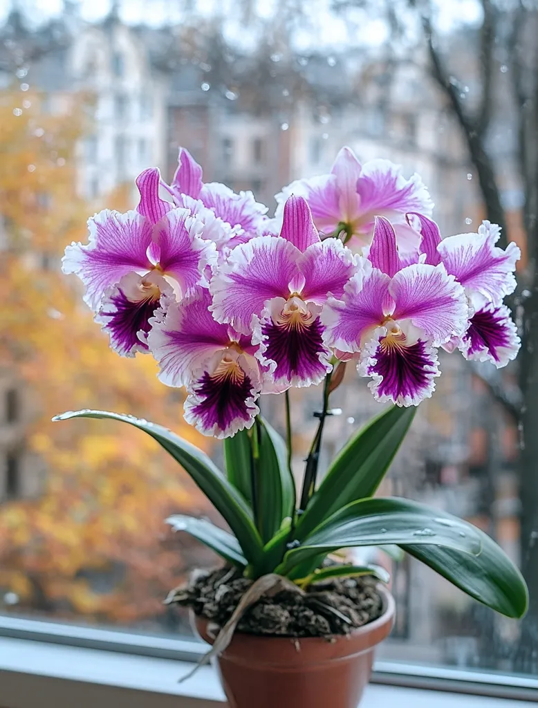 A potted orchid plant sits on a windowsill, showcasing multiple pink and white flowers with dark purple centers. The plant's green leaves are lush and healthy. Through the window, a blurred backdrop of a city street with trees in the fall can be seen. The light is soft and natural.  The overall image evokes a sense of tranquility and beauty.
