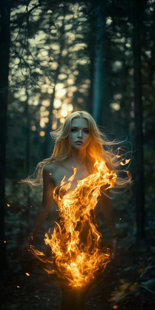 A woman with long blonde hair stands in a dark forest, her body engulfed in flames. The fire burns bright, casting an orange glow on her face.  She looks directly at the camera, with a mix of fear and determination in her eyes. The background is blurred, creating a sense of mystery and isolation.  The image suggests a powerful and untamed spirit, perhaps a mythical creature or a witch.  The contrasting colors of the fire and the darkness emphasize the dramatic nature of the scene.