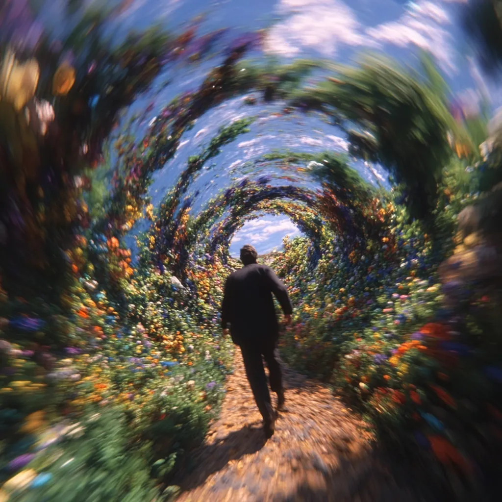 A man walks through a tunnel of vibrant flowers, the colors swirling around him in a dizzying display. The sky is a bright blue, and the sun shines down on the scene. The man's silhouette is clear against the vivid backdrop, creating a sense of mystery and wonder. The image is a dreamy, surreal portrayal of a journey through a magical world.