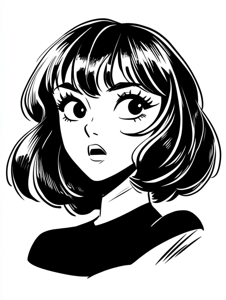 The image is a black and white illustration of a young woman with short, dark hair. She has large, expressive eyes, a slightly open mouth, and a surprised expression. She is wearing a high-collared shirt and her hair falls around her face in a stylish manner. The image is drawn in a bold, expressive style.