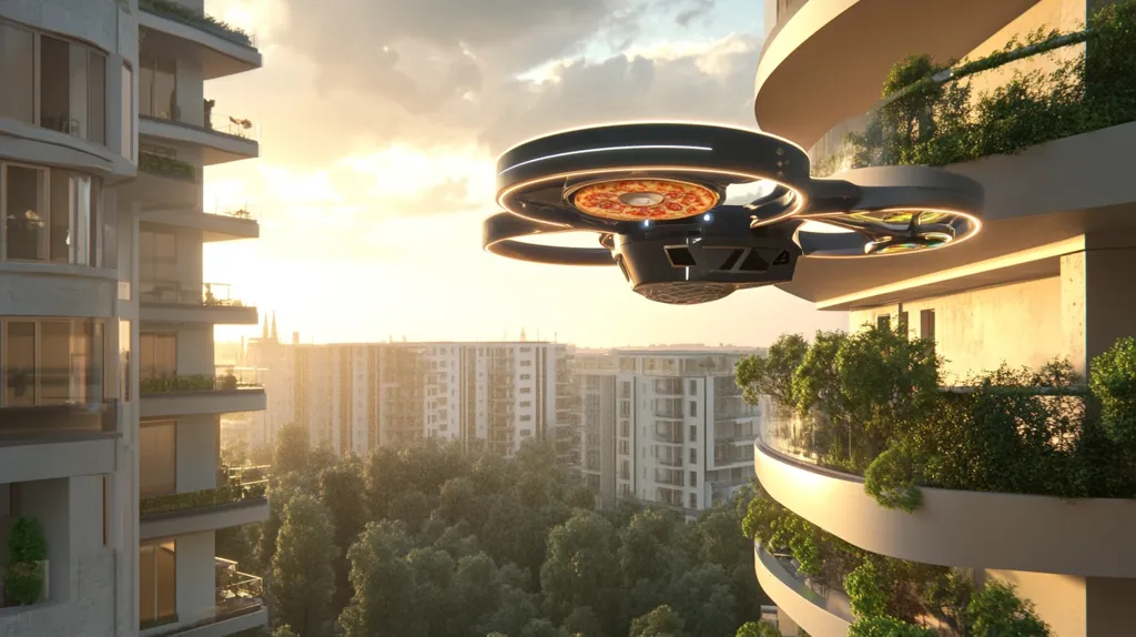 A drone carrying a pizza flies over a city skyline at sunset. The drone is delivering the pizza to a building with balconies and greenery. The sun is setting behind the drone, casting a warm glow over the scene. The image depicts a futuristic vision of food delivery.
