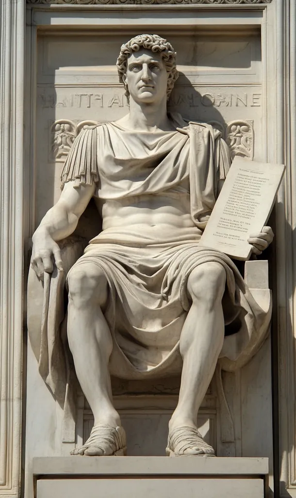The image shows a marble statue of a man, likely a Roman emperor or general, sitting on a throne. He is wearing a toga and sandals, and his right hand rests on a scroll. The statue is detailed and lifelike, with a serene expression on the man's face. The background is a white stone wall with intricate carvings, creating a sense of grandeur and history.