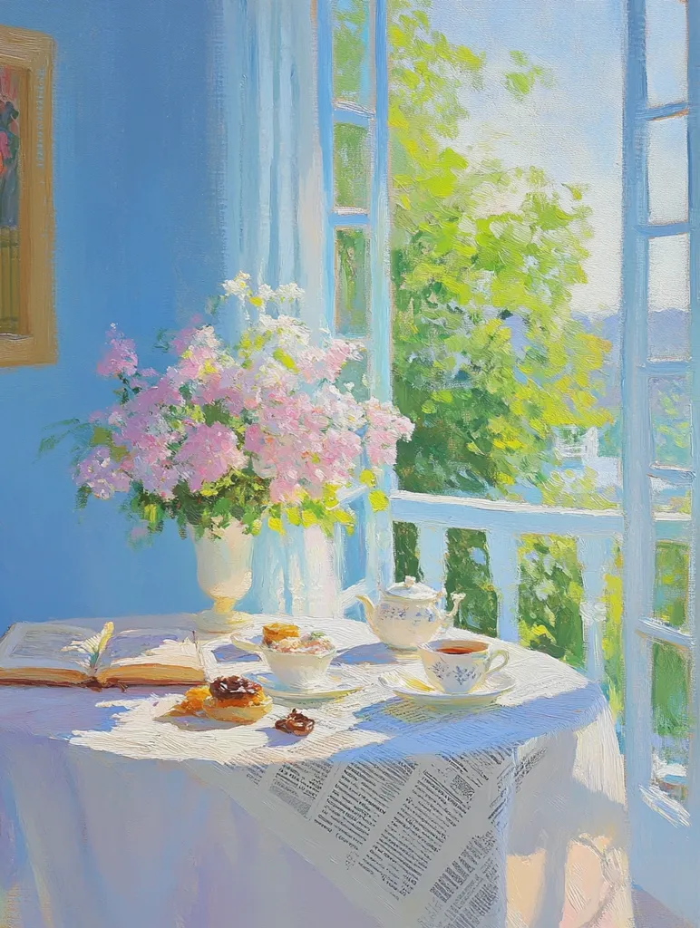 The painting depicts a sunny afternoon scene. A white table is set for tea, with a teapot, teacups, pastries, and a book. A vase of pink flowers sits in the corner, adding a touch of color. The window is open, revealing a view of lush green trees and a bright blue sky. Light streams through the window, illuminating the table and casting shadows on the tablecloth. The overall impression is one of peace and tranquility.