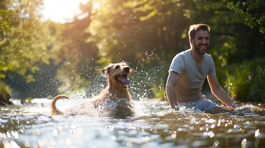 A man in a grey t-shirt sits in a river, smiling as his golden dog splashes in the water beside him. Sunlight filters through the trees, dappling the surface of the water. The dog's tongue hangs out as it swims with joy. The image captures a moment of pure summer fun and companionship.