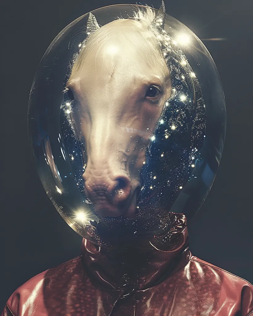 The image shows a horse's head inside a clear, round helmet. The horse is white and has a dark, piercing eye. The helmet is decorated with sparkling lights that resemble stars, creating an illusion of space. The horse is wearing a red leather jacket, adding to the mysterious and futuristic aesthetic. The background is a dark, blurry, which makes the horse and the helmet stand out. The image is both whimsical and thought-provoking.