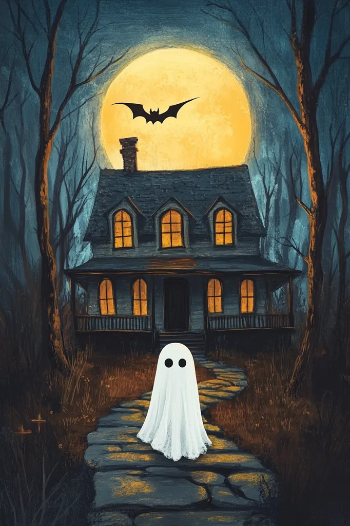 A spooky, dark painting of a two-story house with a porch and a large, full moon. The moon has a black bat silhouetted against it. There is a ghost, standing on the cobbled path leading to the house. The trees are bare and the background is a dark blue, giving the image a mysterious and eerie feel.  A spooky Halloween scene.