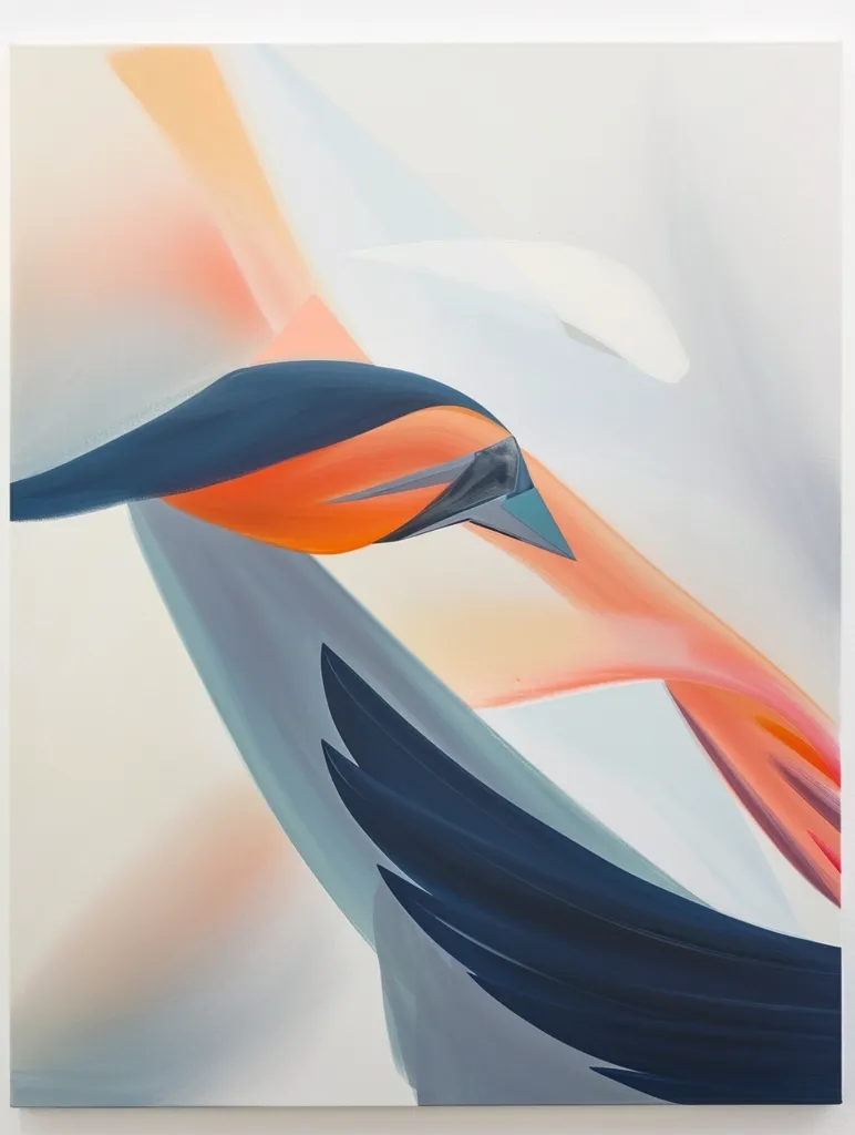 The image is an abstract painting with a focus on shape and color. It features a large, dark blue form that resembles a bird's wing,  stretching across the canvas.  A smaller, orange form with a sharp, beak-like point sits above the blue form. The background is a soft blend of white, light blue, and peach hues.  The overall effect is one of movement and dynamism, with the shapes appearing to float and interact within the space.  The artist's use of vibrant colors and smooth, flowing lines creates a sense of energy and vitality.