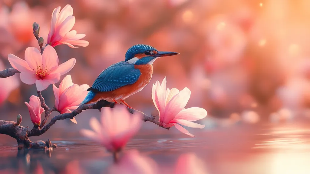 A vibrant blue and orange kingfisher perches on a delicate branch of pink magnolia blossoms. The background is a soft blur of pink and orange, creating a dreamy atmosphere. The bird's bright colors contrast beautifully with the soft pastel hues of the flowers, creating a captivating scene. The gentle light and the serene water reflect the beauty of nature.