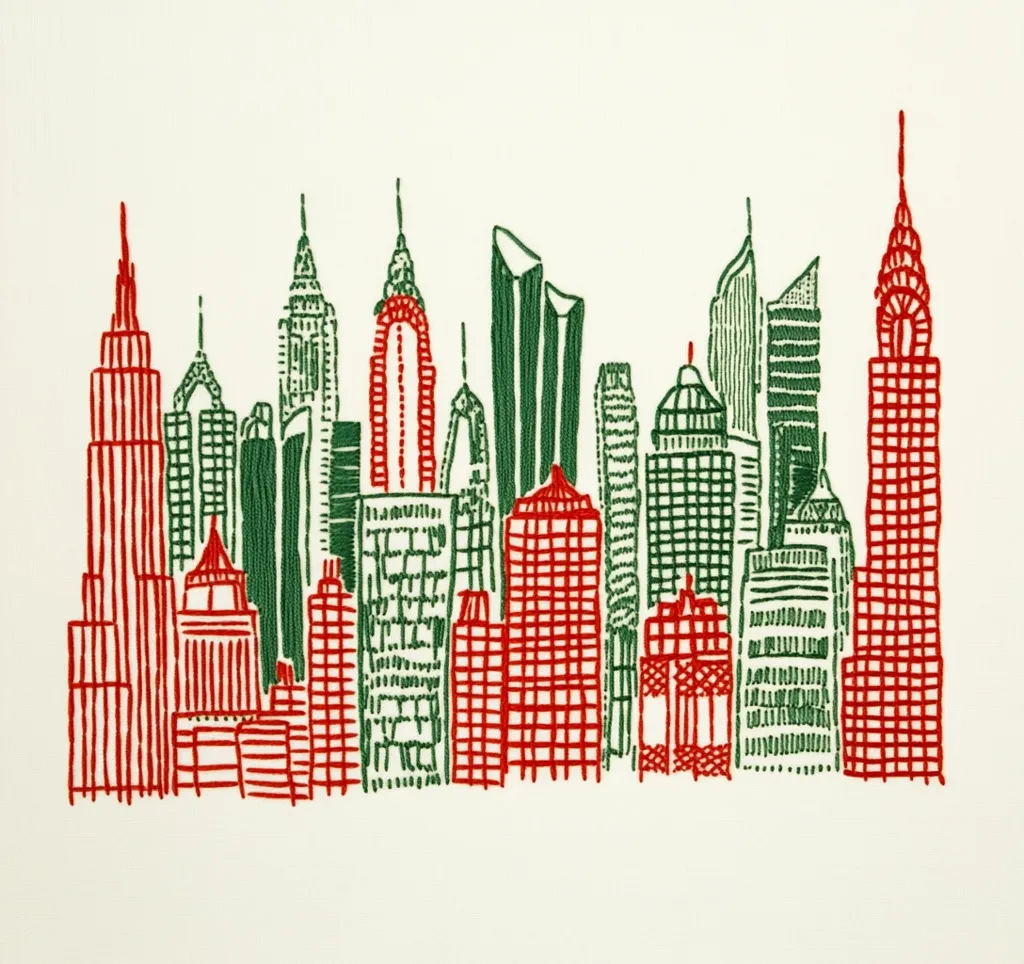 An embroidered illustration of a cityscape with buildings in green and red. The buildings are stylized and arranged in a row, with some taller than others. The image is simple yet effective in its depiction of a modern city skyline. The choice of colors adds a festive feel, possibly representing a holiday theme. The fine embroidery detail adds texture and depth to the artwork.