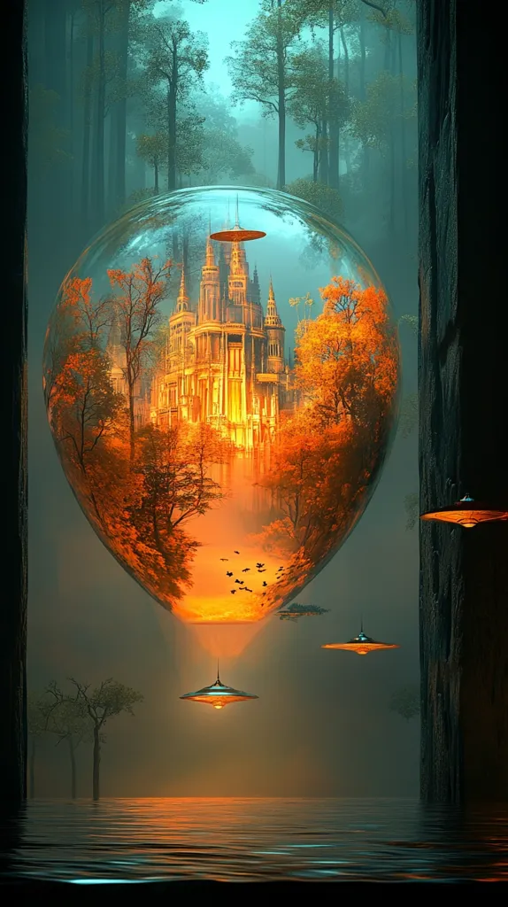 A large, transparent orb, resembling a soap bubble, floats in a misty forest. Inside, a golden castle sits amidst autumnal trees.  The orb reflects a warm, orange glow, casting shadows on the trees and the rippling water below.  Two flying saucers, resembling inverted bowls, hover above the scene.