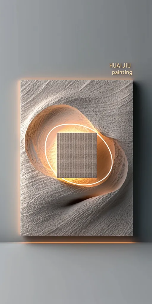 The image shows a beige abstract painting with a textured surface. A square, textured shape sits within a glowing oval shape in a carved recess. The painting has a thin, glowing orange border around the edges. The title "HUAIJIU painting" is written in the top right corner. The image is minimalist and modern, with a focus on the abstract shapes and textures.