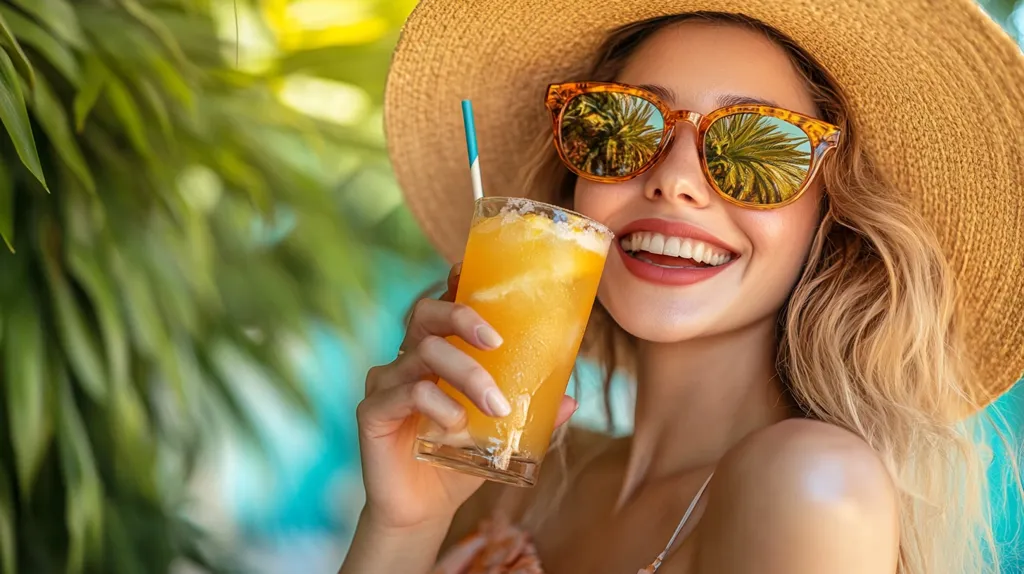 A young woman wearing a straw hat and sunglasses smiles brightly as she holds a tall glass of a refreshing yellow beverage. She is outdoors, surrounded by lush green foliage. The sun reflects in her sunglasses, creating a warm and inviting atmosphere. The woman's radiant smile and the bright colors of her surroundings suggest a sense of joy and summery fun.