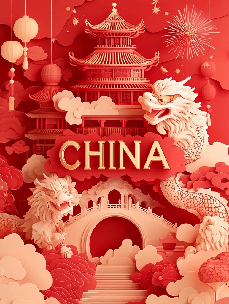 The image is a paper-cut style illustration of Chinese landmarks and symbols. A red pagoda, a dragon, a bridge, and lanterns are arranged against a red background with white clouds and flowers. The word "CHINA" is prominently displayed in gold letters. The overall aesthetic is festive and traditional, celebrating Chinese culture.