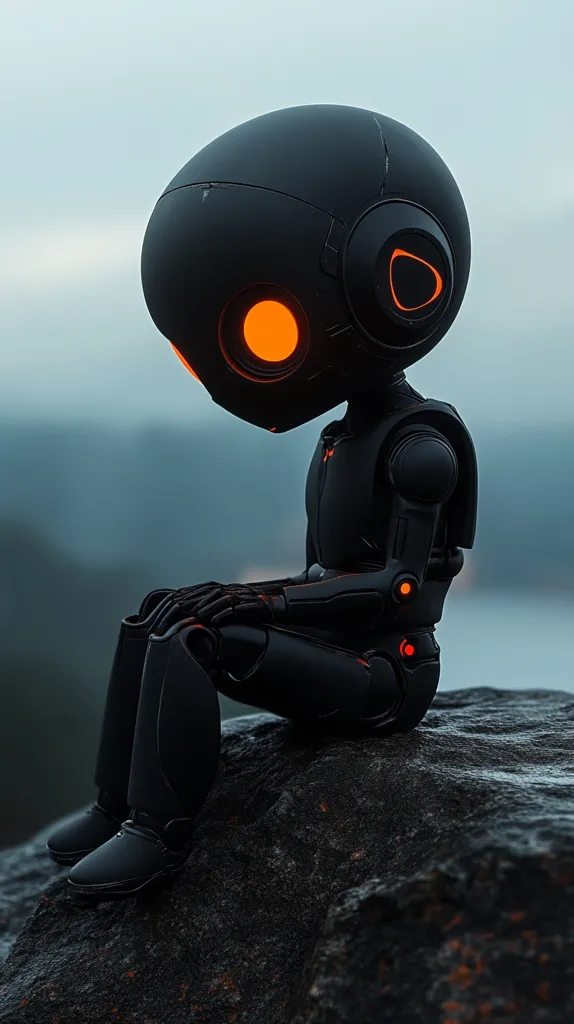 A black robot with glowing orange eyes sits on a rock, gazing downwards. Its large head is tilted, and its limbs are articulated, giving it a somewhat forlorn posture. The background is a blurred, hazy blue, with a hint of a dark, forested area in the distance. The robot appears to be alone in a contemplative state.