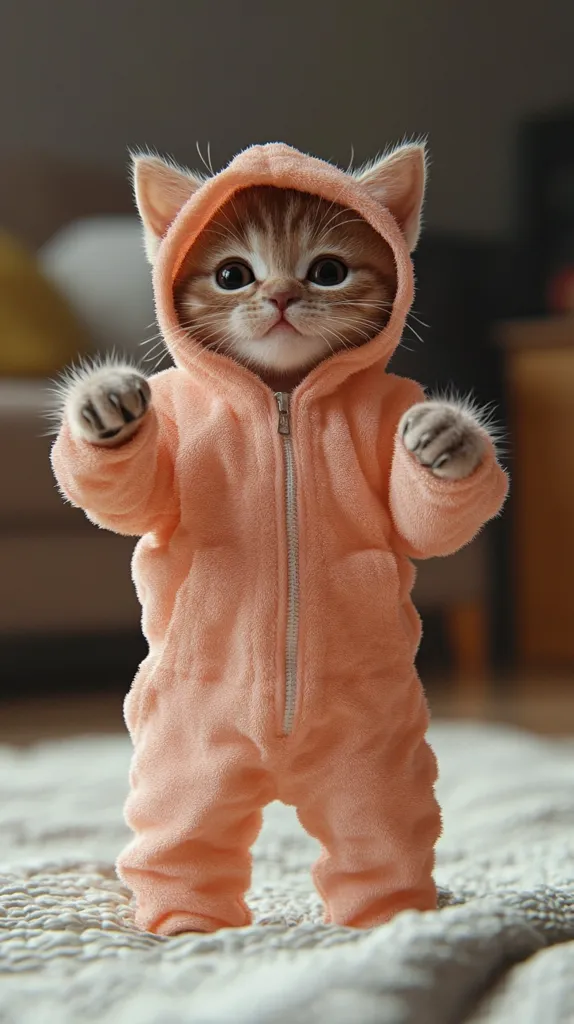A cute, brown tabby kitten is wearing a peach-colored hooded jumpsuit. The kitten is standing on a white, fluffy rug, with its paws outstretched. The kitten has big, round eyes and a sweet, innocent expression. The image is focused on the kitten and its adorable outfit, creating a playful and heartwarming mood.