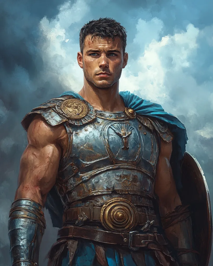 A young man with short dark hair and piercing blue eyes stands against a cloudy sky. He is clad in a detailed suit of armor, with a blue cape and a large, circular shield in his right hand. He stares directly at the viewer with a determined expression, suggesting he is a warrior ready for battle.  His strong, muscular physique and well-crafted armor convey his strength and authority.  The image evokes themes of courage, valor, and ancient warfare.