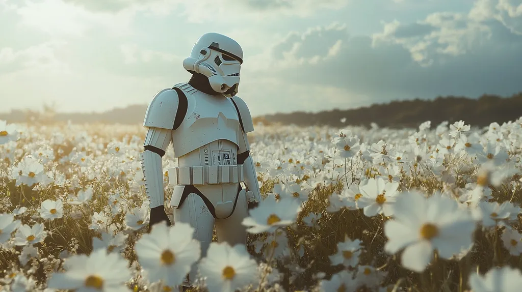 A Stormtrooper stands in a field of white cosmos flowers. The sky is a pale blue with white clouds. The Stormtrooper is wearing a white helmet and armor. The flowers are in bloom and the scene is peaceful. The image is a surreal juxtaposition of the harshness of the Stormtrooper with the beauty of the flowers.