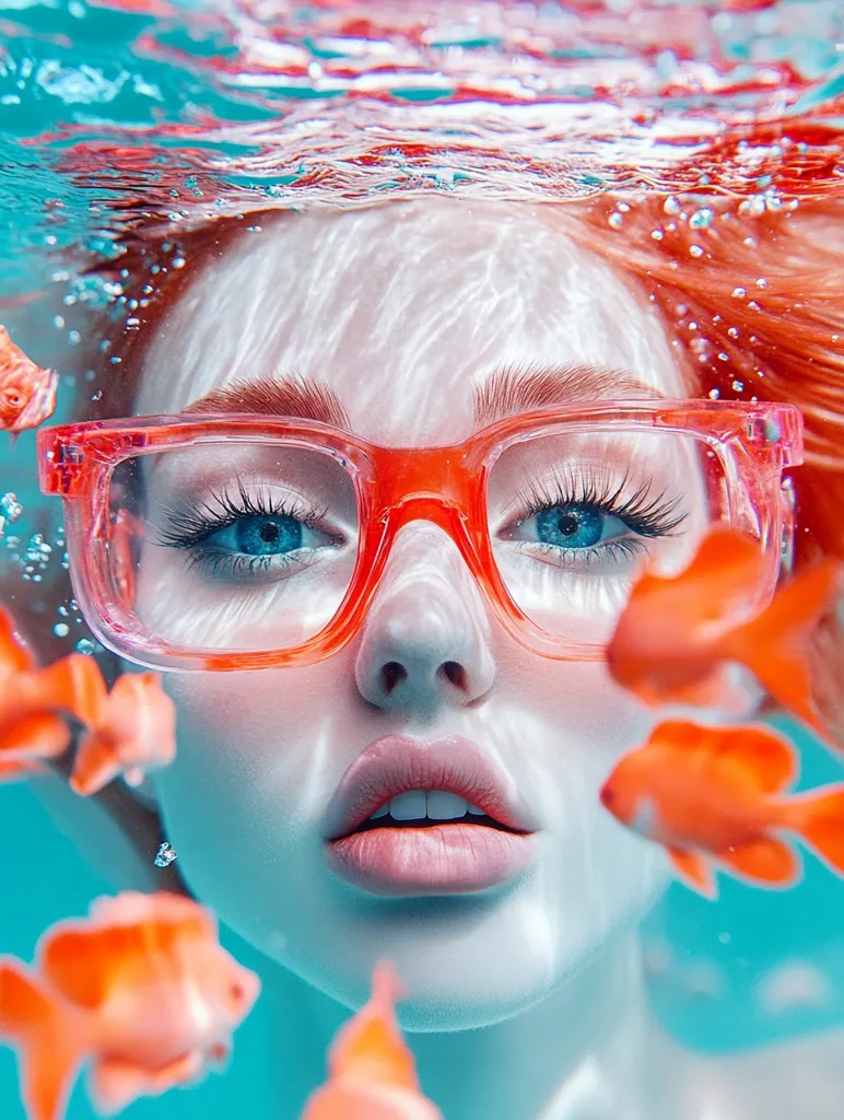 A close-up image of a woman's face submerged in water. Her bright blue eyes are visible through orange-rimmed goggles, and her lips are slightly parted. The water is filled with orange and red fish, creating a vibrant and surreal scene.  The overall effect is dreamlike and whimsical.