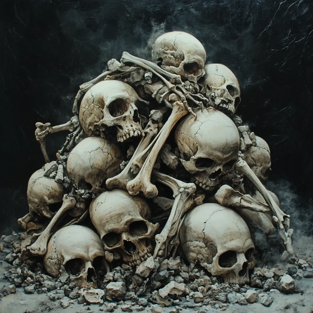 A large pile of human skulls and bones are stacked together in a chaotic, unsettling way. The skulls are pale white and appear to be weathered, with visible cracks and crevices. The bones are scattered around the skulls, creating a macabre and eerie atmosphere. The background is dark and mysterious, with the skulls appearing to be illuminated by a faint, ghostly glow. The image evokes a sense of death, decay, and the fragility of life.
