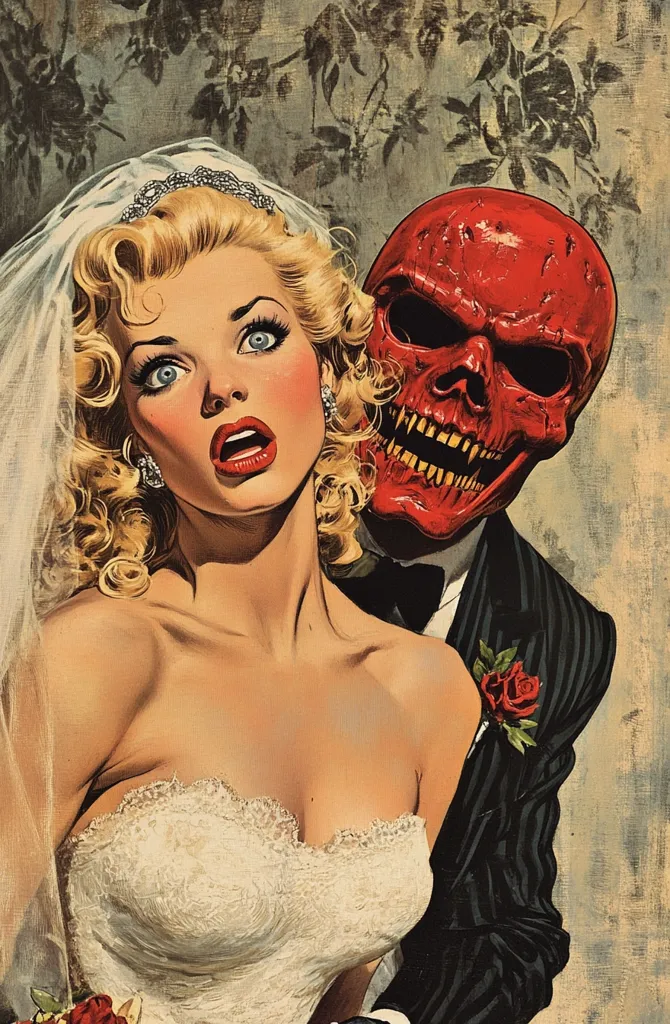 The image is a vintage illustration depicting a woman in a wedding dress with a man in a suit. The woman has blonde hair and is wearing a veil. She looks scared and nervous. The man has a red skull for a head. The background is a faded floral pattern. The image is likely a depiction of a horror or fantasy story.