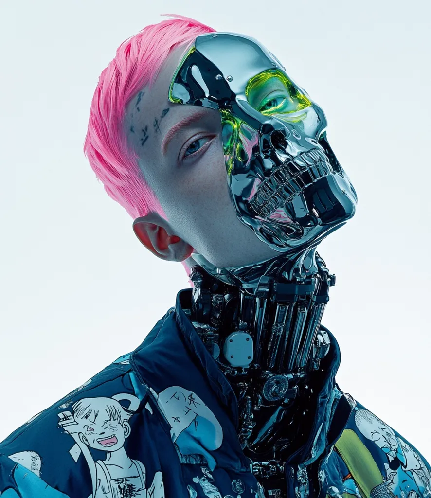 The image shows a person with bright pink hair, wearing a shiny silver skull mask that covers half their face. Their neck is also covered in a complex mechanical apparatus, hinting at a futuristic or cyborg aesthetic. The person is wearing a colorful jacket with cartoon-like designs, adding a playful contrast to the metallic elements. The background is a simple, white, allowing the subject to stand out. The overall image evokes a sense of mystery and the intersection of humanity and technology.