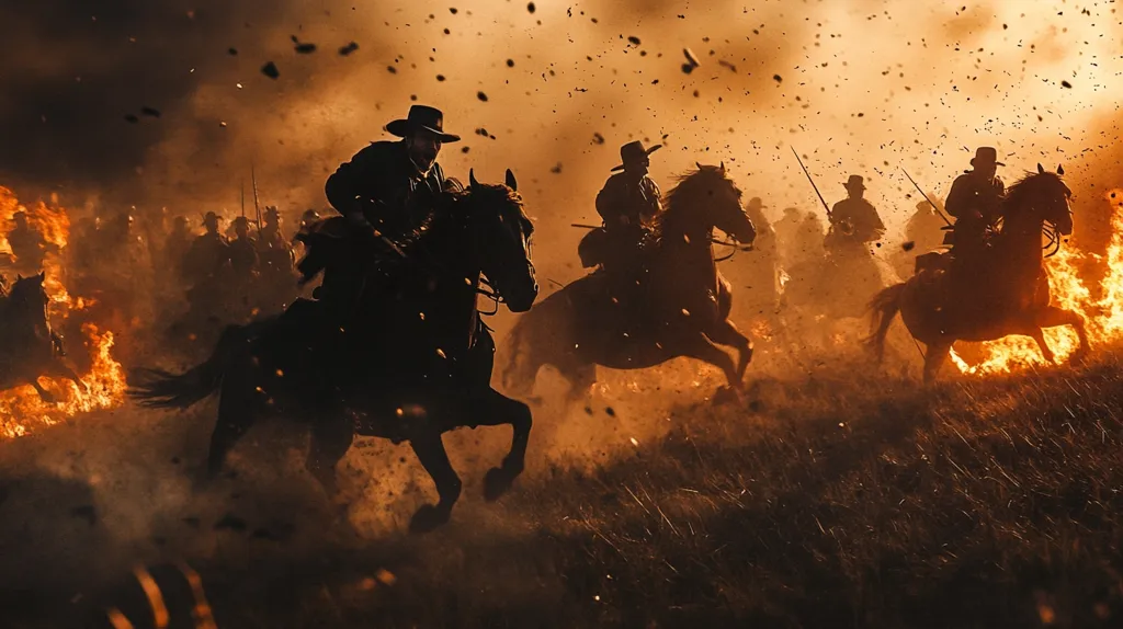 Silhouettes of cowboys riding horses through a fiery landscape. The setting sun casts an orange glow over the scene, and smoke and debris fill the air. The cowboys are riding in formation, with the leader in the foreground. The image is full of movement and energy, capturing the wild and dangerous nature of the American West.