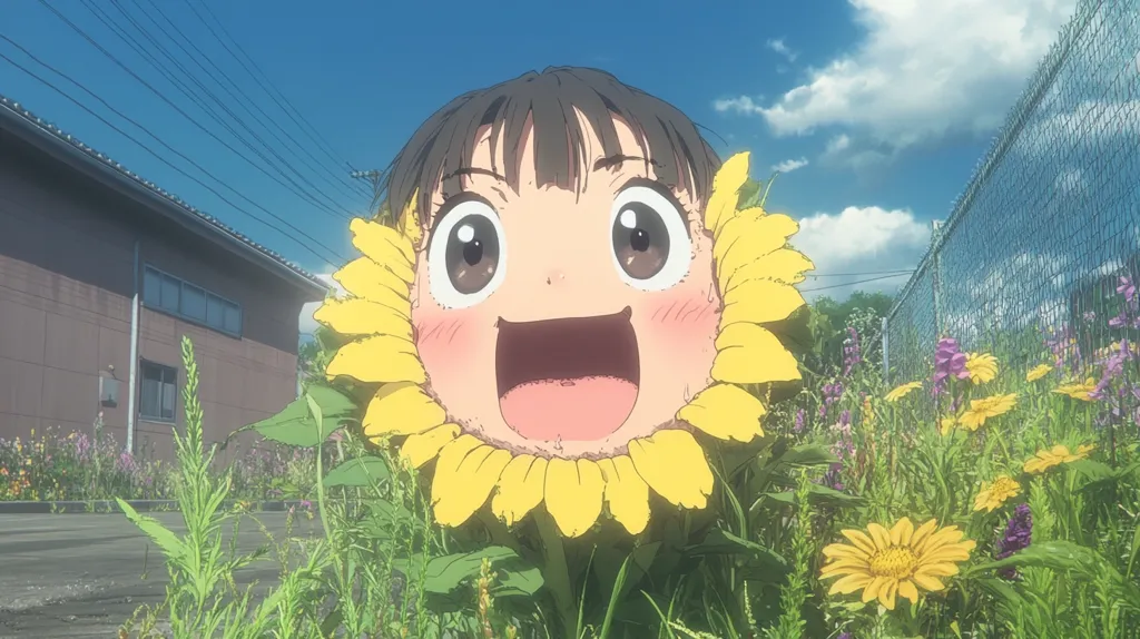 An anime girl's head is superimposed onto a large sunflower. She is smiling widely and has big eyes. The sunflower is surrounded by other yellow flowers and green grass. The background includes a blue sky with clouds and a chain-link fence. The setting is a suburban area with a brown building in the distance.  The overall tone is bright and cheerful.